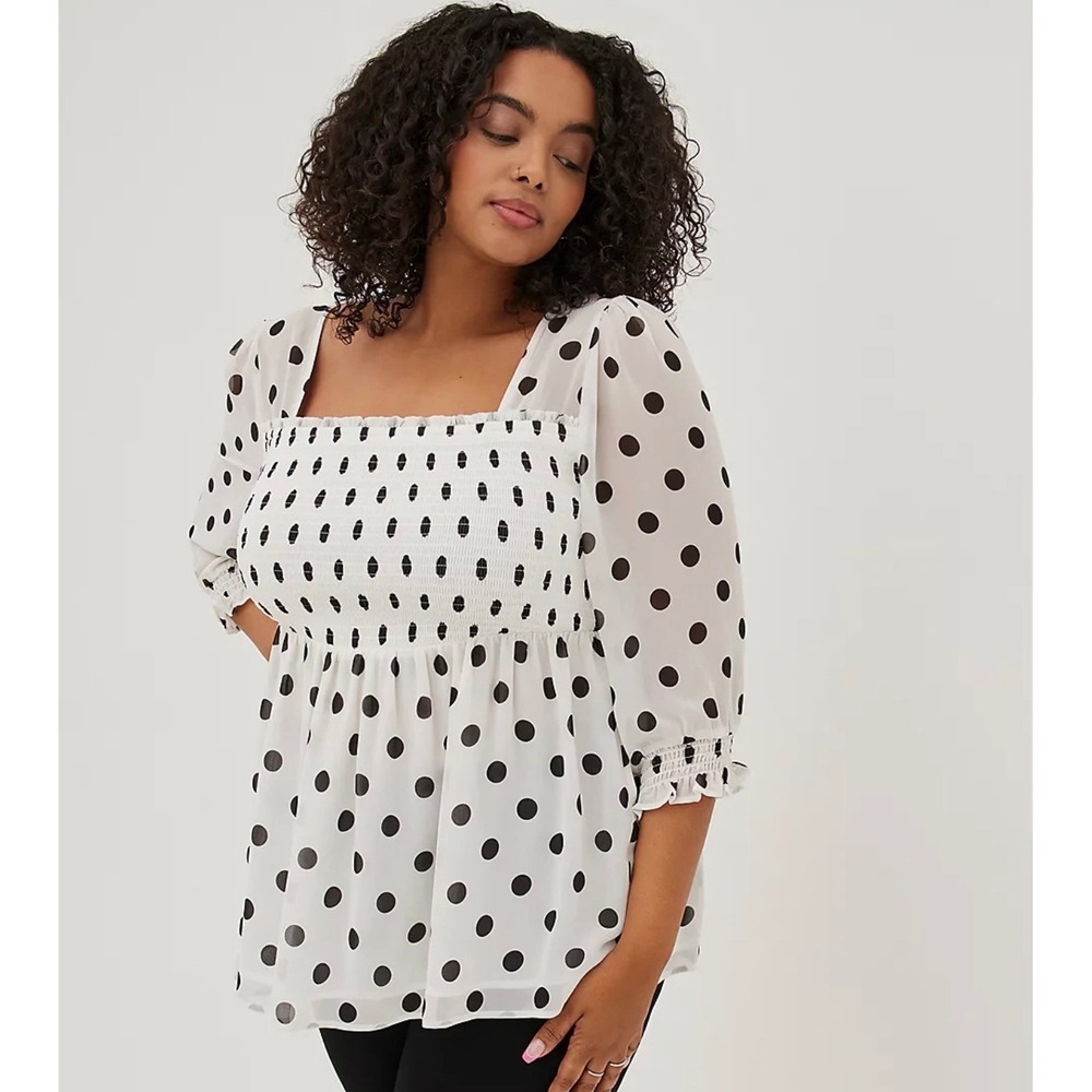 Torrid Polka Dot Smocked Babydoll Chiffon Blouse White Black Size 2 16928281